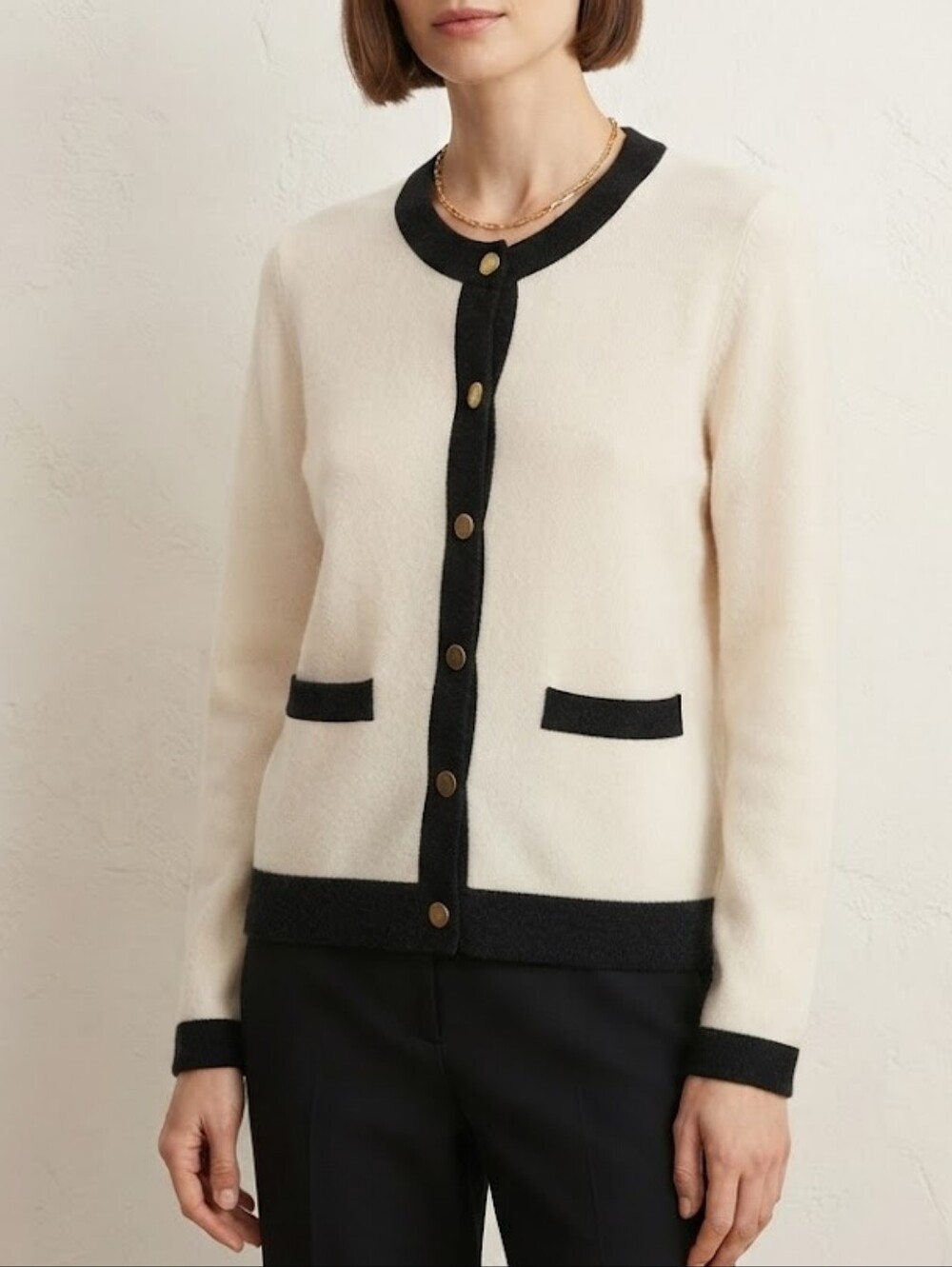 BRODIE Cashmere Wool Blend Cream Charcoal Contrast Cardigan Sweater Size Medium